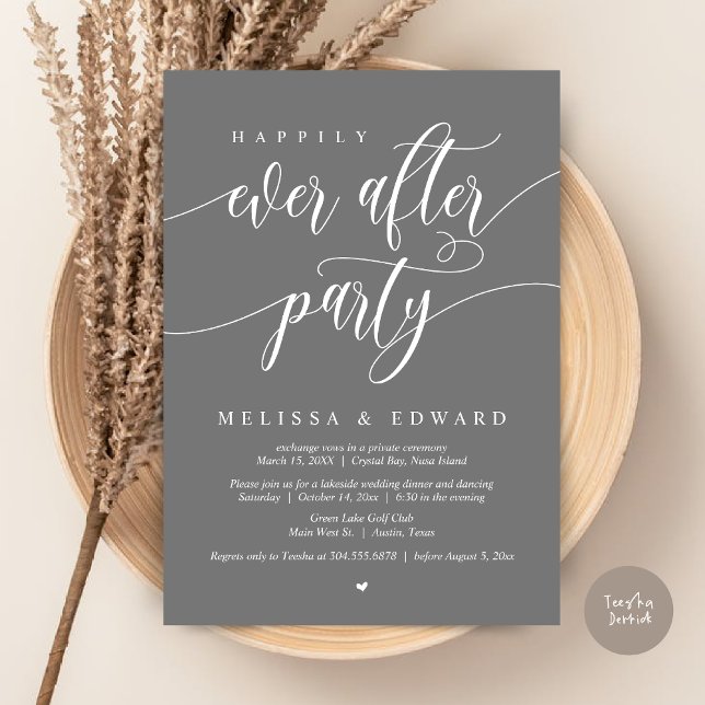 Convite Festa de Casamento Happily Ever After, Cinza Escur (Happily Ever After Elopement Party Invitation Card, PDF, Modern Wedding Dinner, in Dark Grey  )