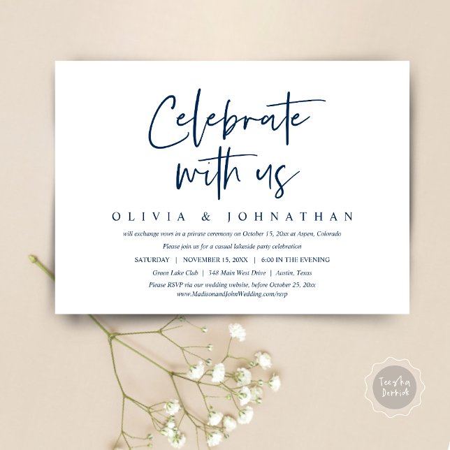 Convite Festa de Casamento Informal, Celebre conosco  (Celebrate With Us, Wedding Elopement Brunch, Lunch, Dinner Party Invitation Card, PDF, Navy Blue)