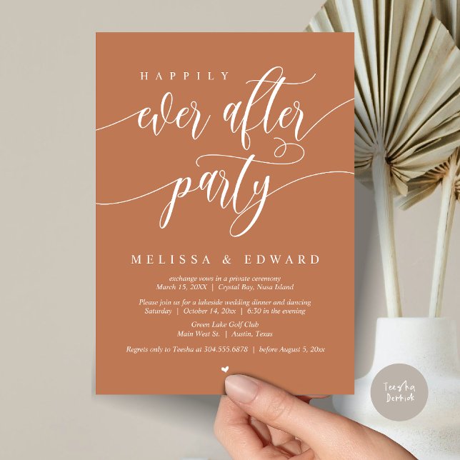 Convite Festa de Casamento Intimo Feliz para Sempre, Cobre (Happily Ever After Elopement Party Invitation Card, PDF, Modern Wedding Dinner, in Copper Rust)