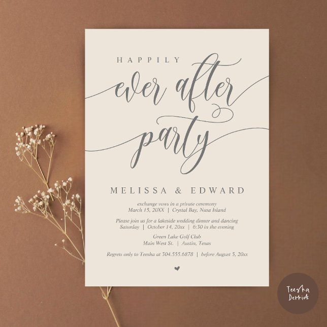 Convite Festa de Casamento Intimo Feliz para Sempre, Creme (Happily Ever After Elopement Party Invitation Card, PDF, Modern Wedding Dinner, in Cream Grey  )