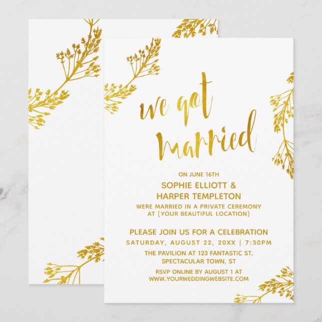 Convite Festa de Casamento Pós-Casamento Dourado e Branco (Frente/Verso)