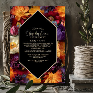 Convite Festa de Casamento Preto com Flores Laranja e Roxo