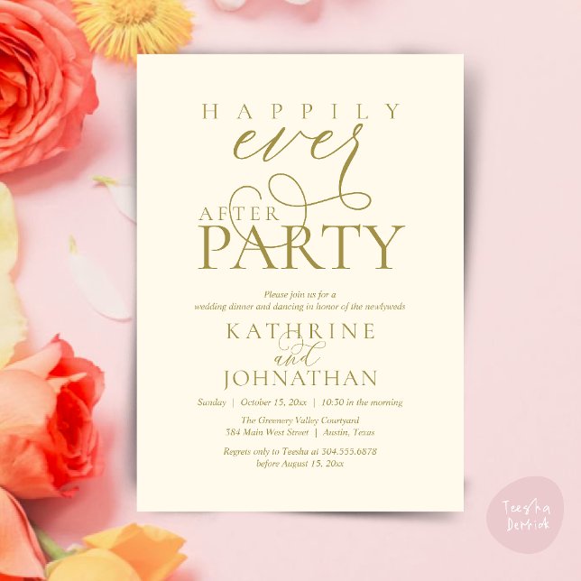 Convite Festa de Casamento Script Moderno Feliz para Sempr (Modern Script Happily Ever After Dinner Party Elopement Invitation Card in Gold yellow cream)