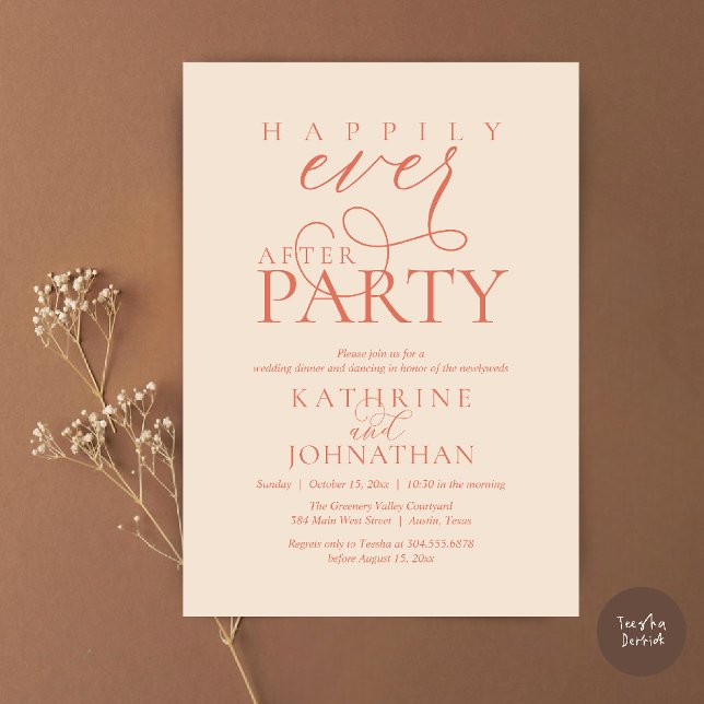 Convite Festa de Casamento Script Moderno Feliz para Sempr (Modern Script Happily Ever After Dinner Party Elopement Invitation Card in terracotta Clay)