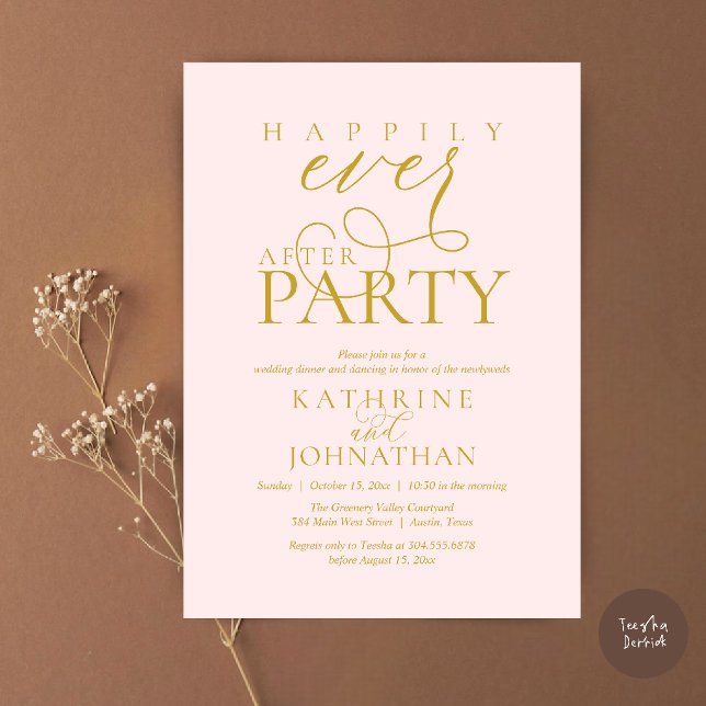 Convite Festa de Casamento Script Moderno Feliz para Sempr (Modern Script Happily Ever After Dinner Party Elopement Invitation Card in Blush and gold)