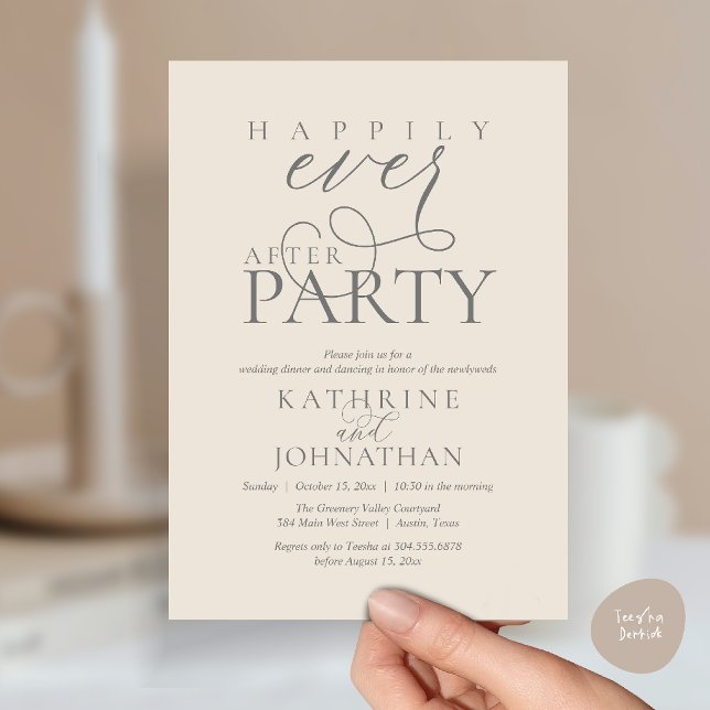 Convite Festa de Casamento Script Moderno Feliz para Sempr (Modern Script Happily Ever After Dinner Party Elopement Invitation Card in Cream and grey)