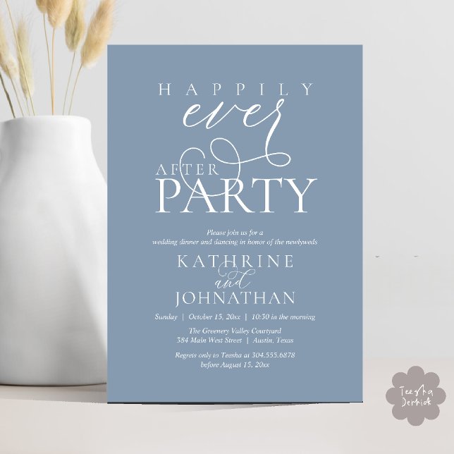 Convite Festa de Casamento Simples e Moderna Fuga Romântic (Modern Script Happily Ever After Dinner Party Elopement Invitation Card in Dusty Blue)