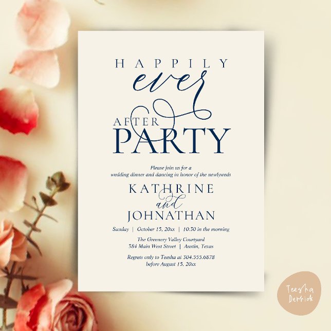 Convite Festa de Casamento Simples e Moderna Fuga Romântic (Modern Script Happily Ever After Dinner Party Elopement Invitation Card in Navy Blue Ivory)
