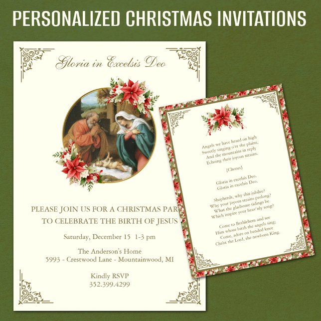 Convite Festa de Celebração Religiosa de Natal para Jesus (Personalized Vintage Christmas Invitations with Nativity Scene, Christmas Hymn and red poinsettias)