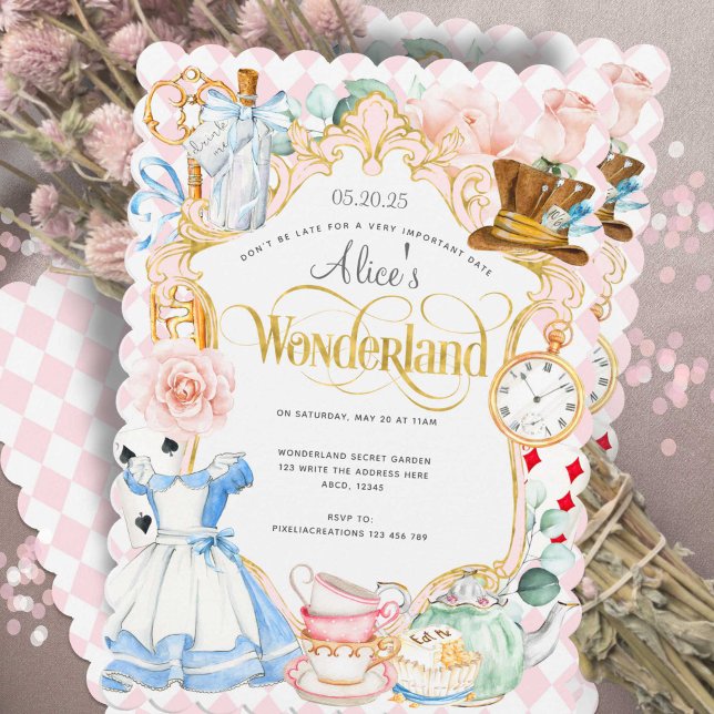 Convite Festa de chá Alice no aniversário de uma garota ro (Cute girl 1st birthday invitation, Alice in Wonderland themed birthday invitation. )