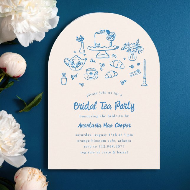 Convite Festa de Chá Bridal Desenhada à Mão Brida (charming bridal tea party invitation with hand-drawn illustrations of cake, tea pot, tea cups, etc.)