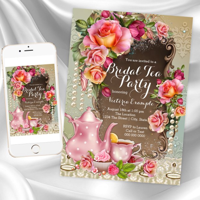 Convite Festa de Chá Bridal Rosa Rosa Rosa Rosa Rosa Rosa  (Beautiful Bridal Tea Party Invitation. Instant download and printed invitations available.)
