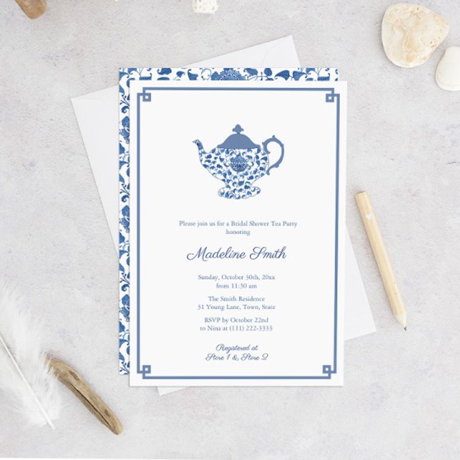Convite Festa De Chá Chá de panela De Chinoiserie Azul E B (Chinoiserie Chic Blue And White Teapot Bridal Shower Tea Party Invitation)