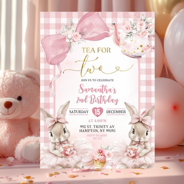 Convite Festa de Chá Coelho Rosa Gingham Segundo Aniversár (Criador carregado)