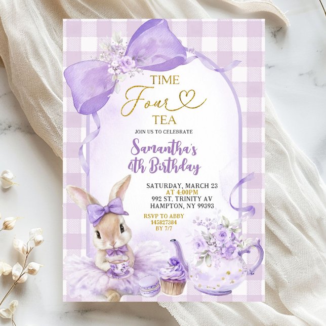 Convite Festa de chá da coelhinha com laço de gingham roxo (Criador carregado)