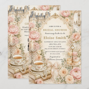 Convite Festa de Chá da Noiva com Tema Floral Rosa Regênci