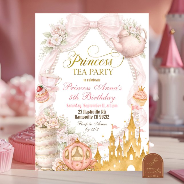 Convite Festa de Chá da Princesa com Laço Rosa e Pérolas (Criador carregado)