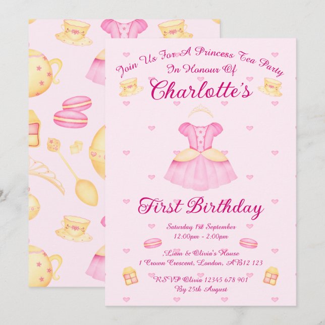 Convite Festa de Chá da Princesa em Aquarela Rosa e Dourad (Frente/Verso)