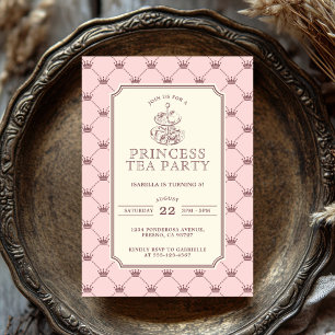 Convite Festa de Chá da Princesa Padrão de Coroa Rosa Eleg