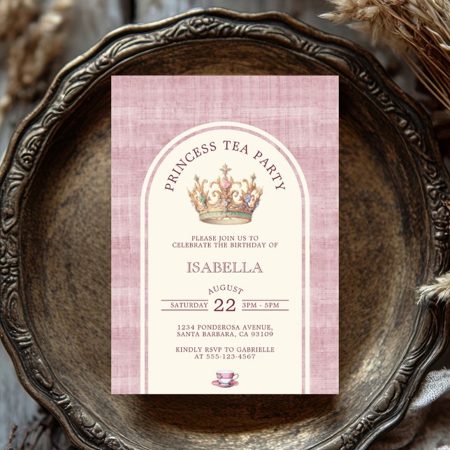 Convite Festa de Chá da Princesa Rosa Linho Arqueado Vinta (Criador carregado)