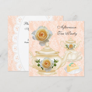 Convite Festa de Chá da Tarde Peachy Coral Floral Bule de 