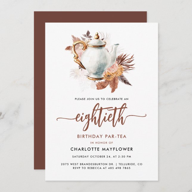 Convite Festa de Chá de Aniversário de 80 anos com Grama d (Frente/Verso)