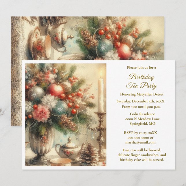 Convite Festa de Chá de Aniversário Elegante  (Frente/Verso)