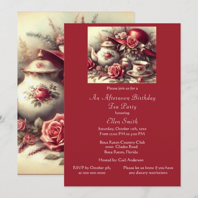 Convite Festa de Chá de Aniversário Elegante Rosa Vermelha (Frente/Verso)