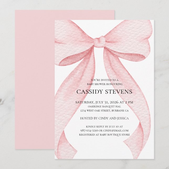 Convite Festa de Chá de Bebê Menina com Laço Rosa (Frente/Verso)