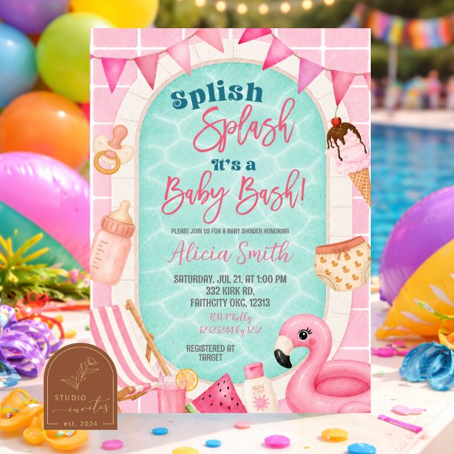 Convite Festa de Chá de Bebê Menina Piscina Rosa (Criador carregado)
