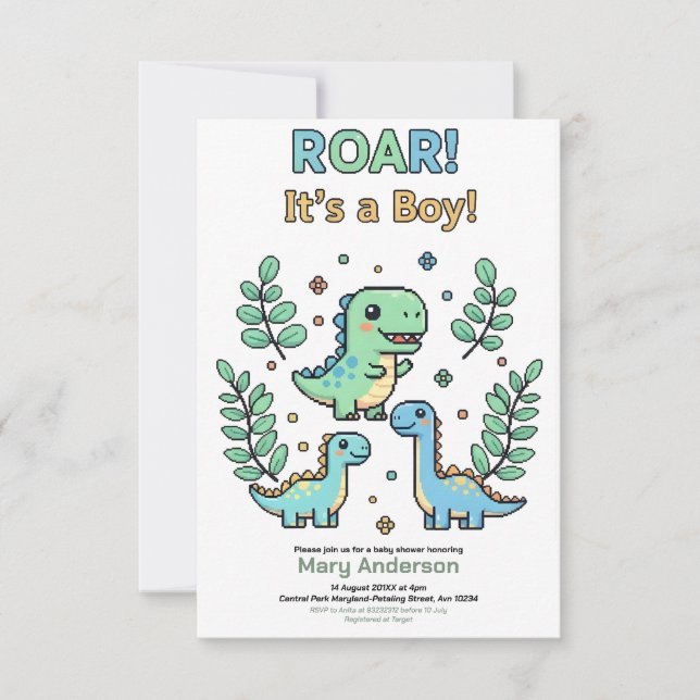 Convite Festa de Chá de Bebê Menino Dinossauro Pixelado Ve (Frente)