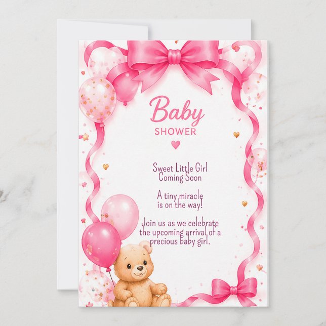 Convite Festa de Chá de Bebê Urso Teddy Rosa 🧸 (Frente)