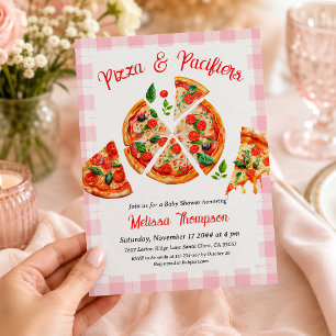 Convite Festa de Chá de Bebê Xadrez Rosa e Pizza com Chupe