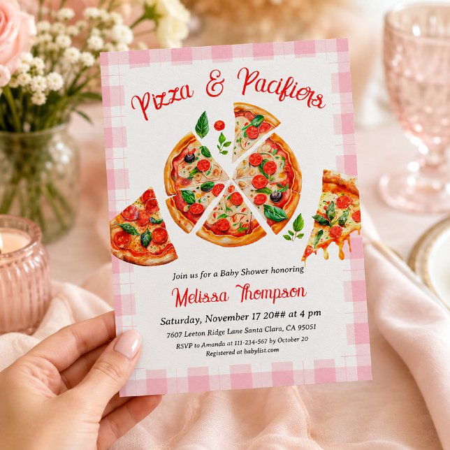 Convite Festa de Chá de Bebê Xadrez Rosa e Pizza com Chupe (Criador carregado)
