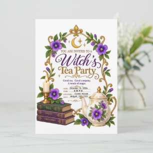 Convite Festa de Chá de Bruxa Violeta Elegante Personaliza