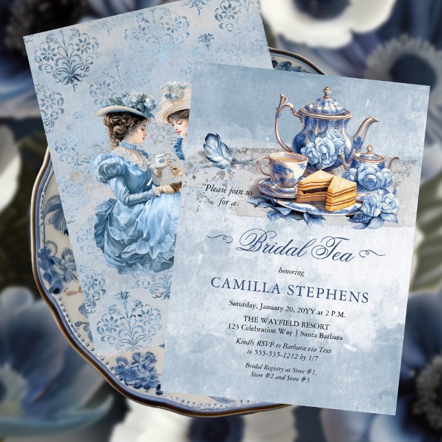Convite Festa de Chá de Chá Bridal Azul Elegante (Elegant Blue Floral Teacup Bridal Shower Tea Party Invitation)