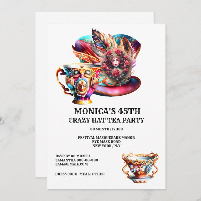 Convite Festa de chá de chapéu, mascarada, senhoras (Frente/Verso)