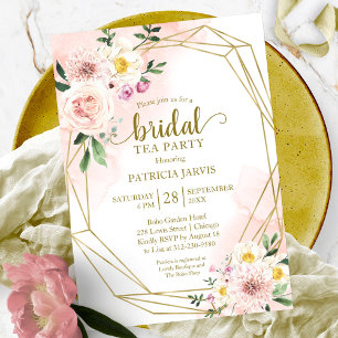 Convite Festa de Chá de Chávena de Noiva Floral em Dourado