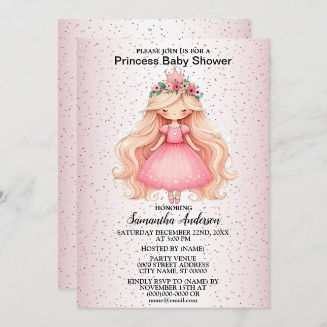 Convite Festa de Chá de fraldas da Princesa Rosa de Aquare (Frente/Verso)