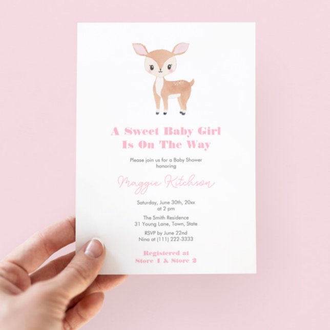 Convite Festa de Chá de fraldas da Querida Menina Doce (Sweet Baby Girl Woodland Baby Shower Invitation With Watercolor Fawn And Pink White Buffalo Check)