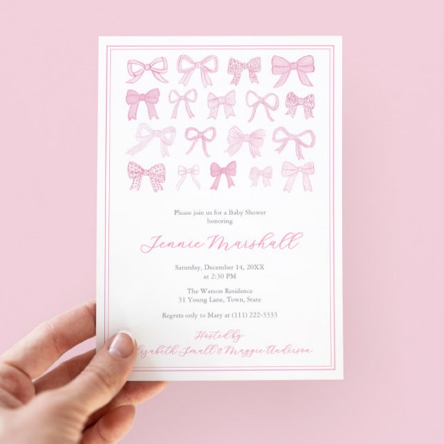 Convite Festa de Chá de fraldas de Arcos Rosa bonito (Pretty pink and white hand painted watercolor bows baby shower invitation for little girl)