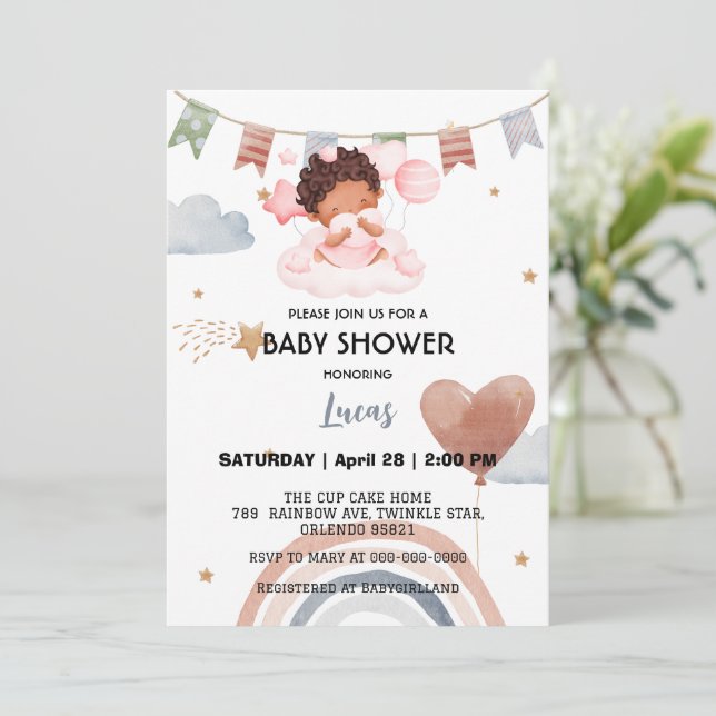 Convite Festa de chá de fraldas de balões afro-arco-íris (Em pé/Frente)