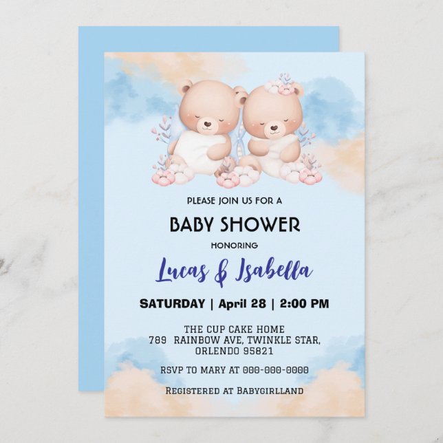 Convite Festa de chá de fraldas de balões estrelados de ur (Frente/Verso)