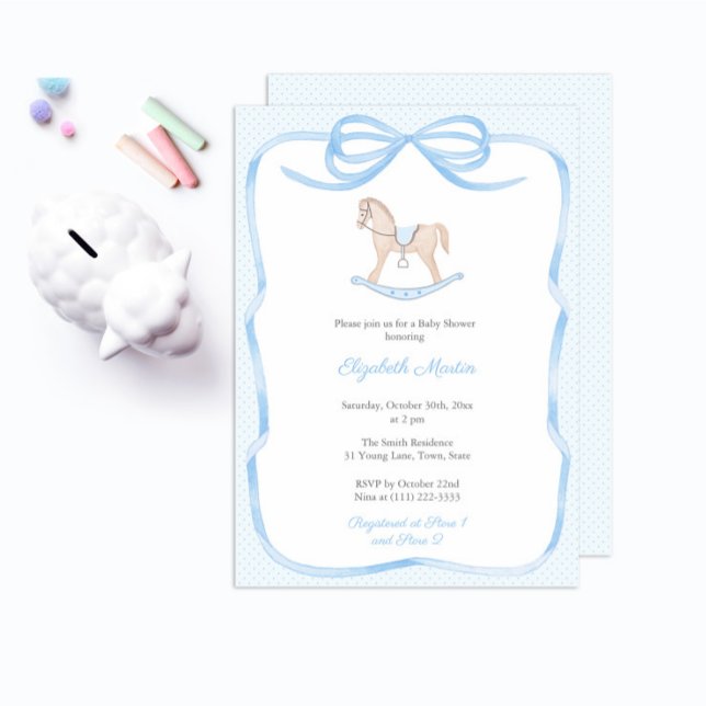 Convite Festa de Chá de fraldas de Carneiro de Cavalo Doce (Elegant blue and white rocking horse traditional baby shower for boy invitation)