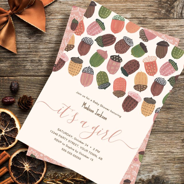 Convite Festa de Chá de fraldas de Garotas Cor-de-rosa-que (Cute Fall Pink Acorns girl Baby shower Party Invitation)