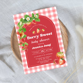 Convite Festa de Chá de fraldas de Morango Rosa Gingham