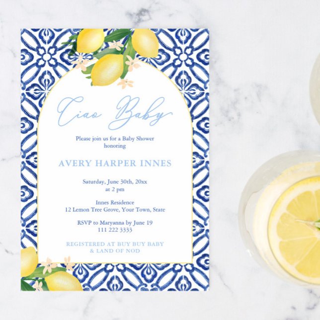 Convite Festa de Chá de fraldas de Tchau para Limões (Ciao baby boy! Amalfi inspired baby shower party invite with blue tile background lemons arch shape)