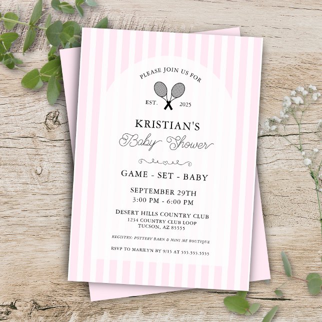 Convite Festa de Chá de fraldas do Clube de Tênis para Men (Pink tennis theme game set baby preppy pin stripe elegant country club baby shower invitations)