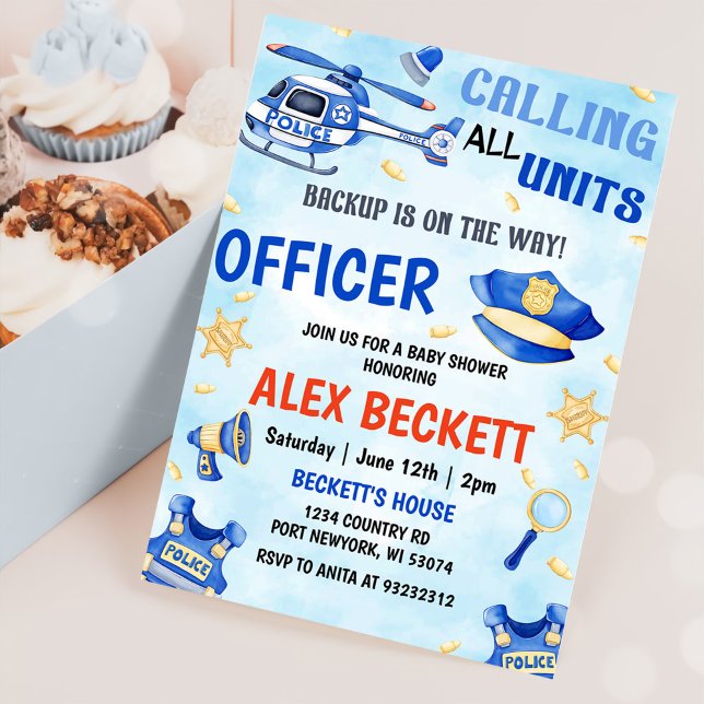 Convite Festa de Chá de fraldas do Garoto Policial (Criador carregado)