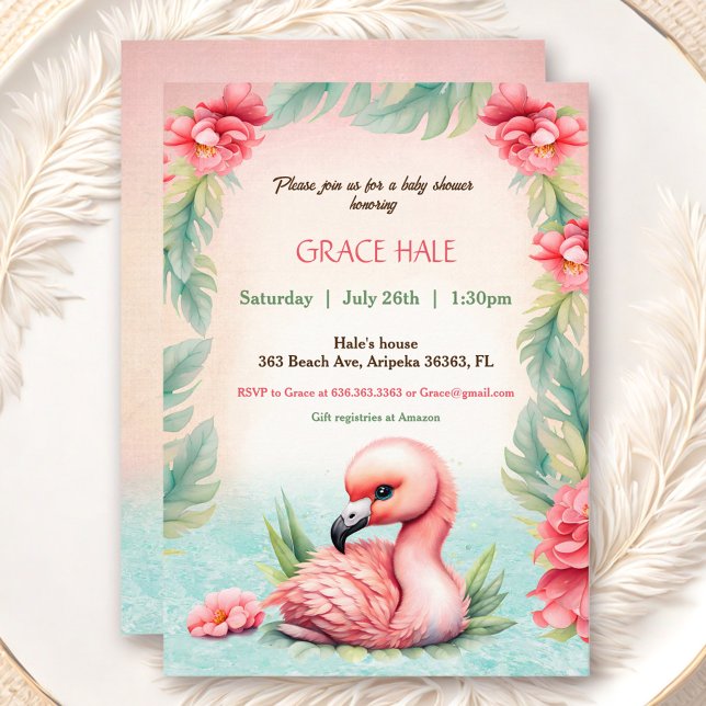 Convite Festa de Chá de fraldas Flamingo Rosa Tropical de  (Tropical Summer Pink Flamingo Baby Shower Party Invitation)